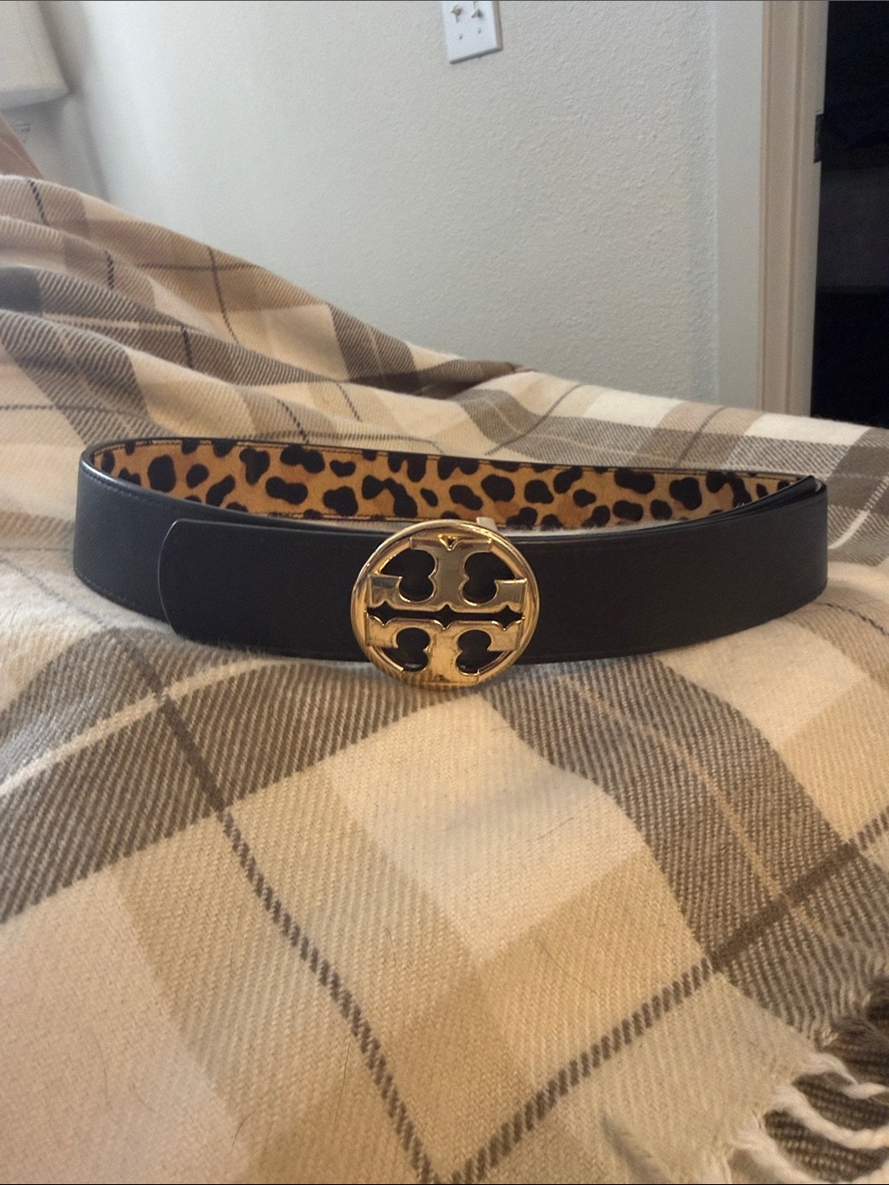 Tory Burch Black Leather Belt with Gold Logo Buckle calf hair reversible
